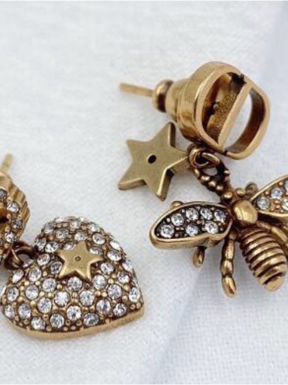 Dior Gold Tone Crystal Bee & Heart Drop Earrings - Women's Jewelry